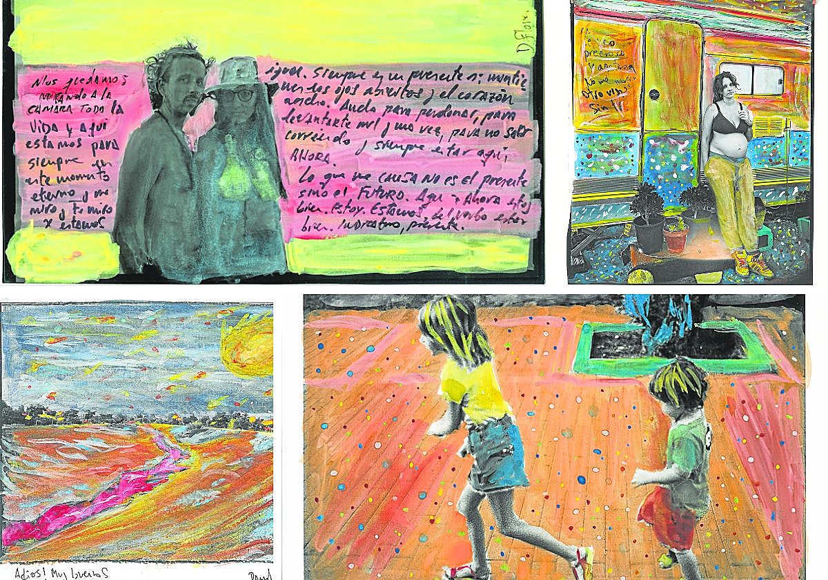 Colores en clave telúrica. Cuatro obras de David de Flores de 'Diario de un viaje' en las que aparecen también sus hijos y su pareja, Silvia Marte: fotografías en blanco y negro, pintadas y recreadas con acuarelas de colores vivos: ocres y naranjas de la tierra o rojos que simbolizan el fuego o la vida.