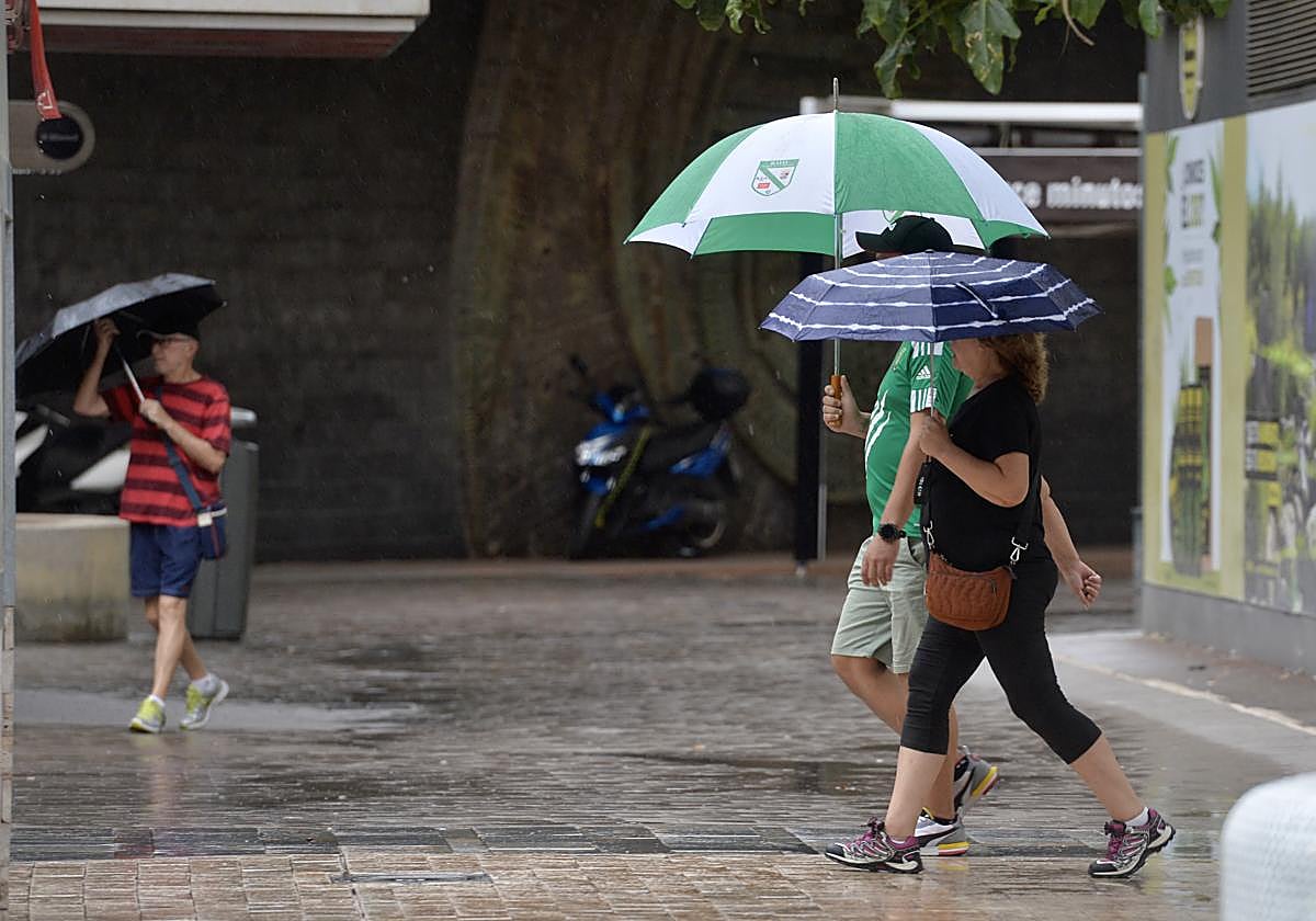 Los viandantes se protegen de la lluvia, este sábado.