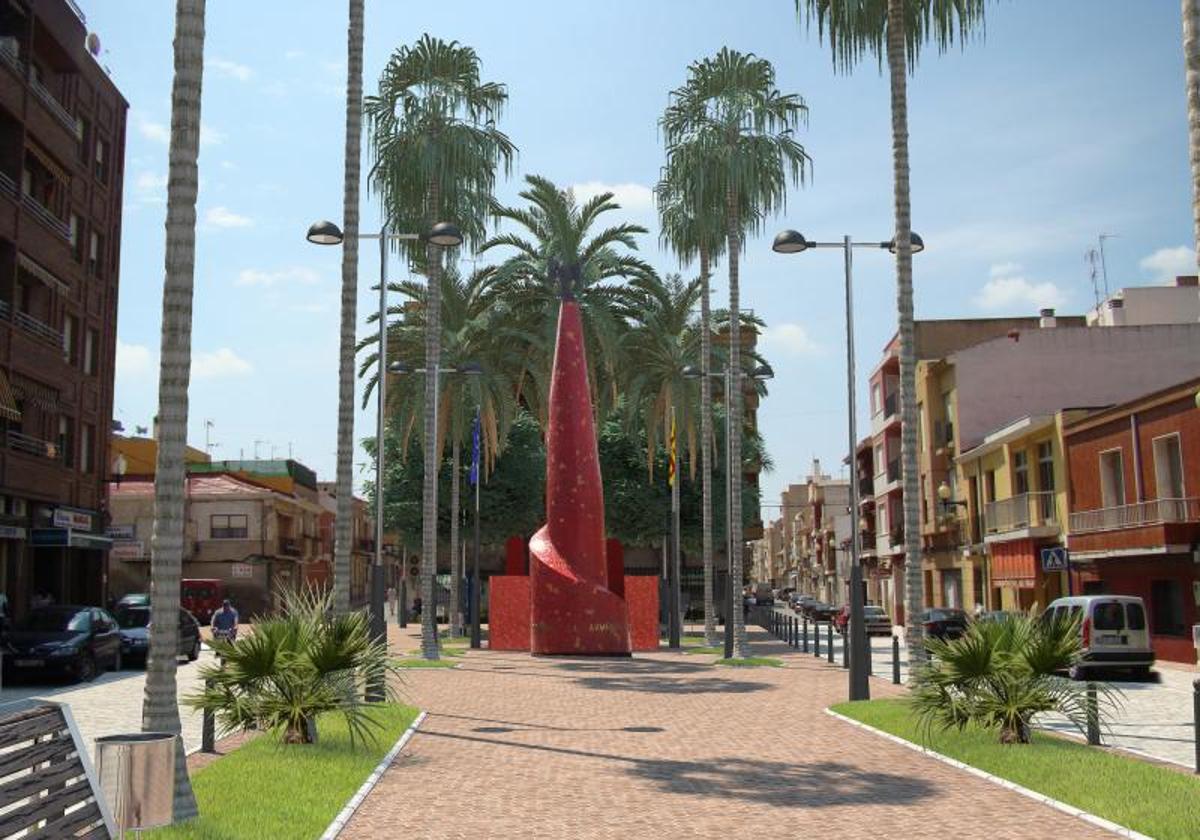 Plaza del barrio oriolano de Capuchinos con el monumento al Oriol.