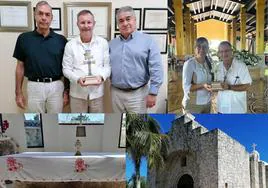 Arriba, el sacerdote murciano con los responsables de los hoteles que reciben las cruces. Abajo, el altar con la réplica de la Vera Cruz y la iglesia de la Santa Cruz, en Cozumel.