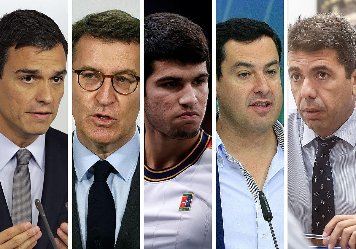 Pedro Sánchez, Alberto Núñez Feijóo, Carlos Alcaraz, Juanma Moreno y Carlos Mazón.