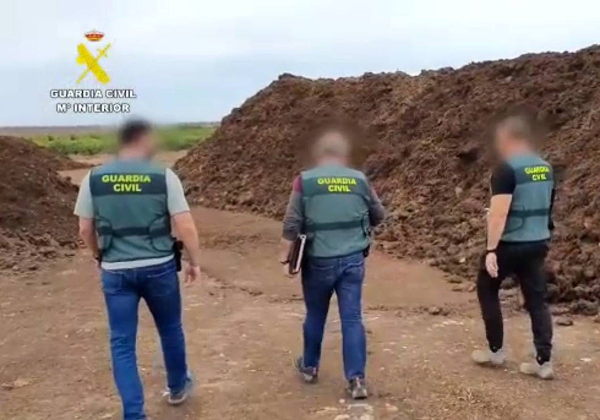 Agentes de la Guardia Civil, junto a acopios de estiércol, en una granja de la cuenca del Mar Menor.