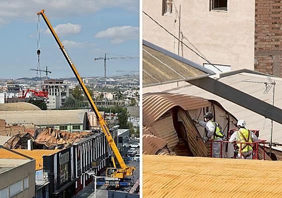 Una grúa introduce en Teatre una plataforma elevadora, ayer a primera hora de la tarde, la cual es usada por dos personas para inspeccionar la instalación eléctrica.