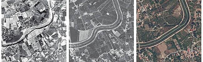 Estado del cauce en los años 1928, 1981 y 2019.