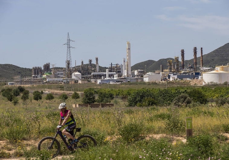 Un ciclista pasa frente a la planta de Sabic, en La Aljorra. En vídeo, protesta de los trabajadores.