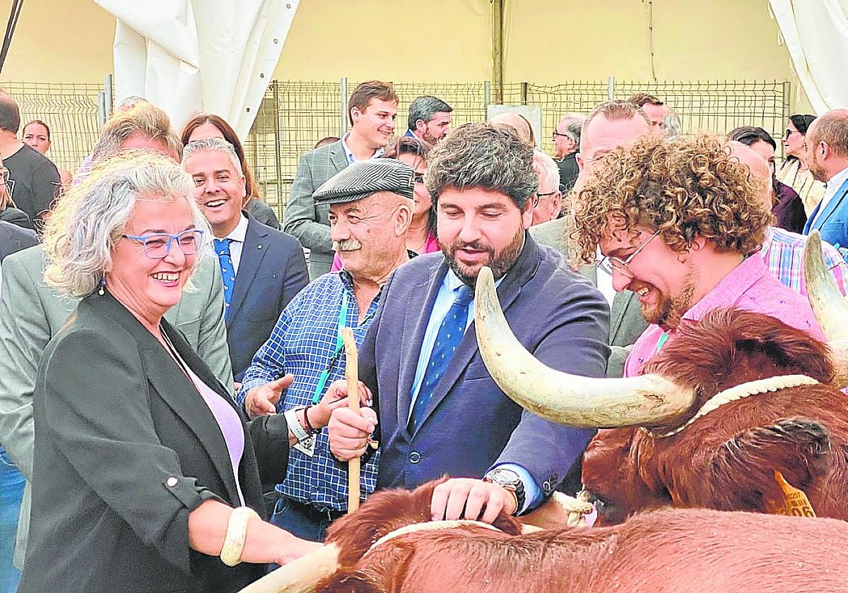 Teresa López y Fernando López Miras acarician a dos vacas murciano-levantinas.