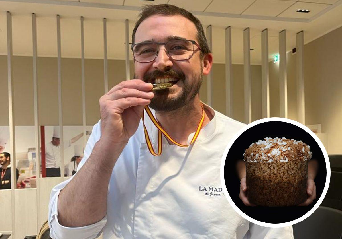 Javier Moreno muerde su medalla como Mejor Artesano de 'Panettone' Ibérico., este martes en Milán