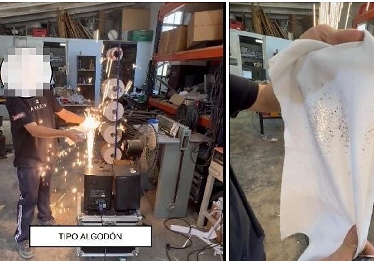 Demostración del potencial de la máquina para penetrar en tejidos de algodón y provocar quemaduras.