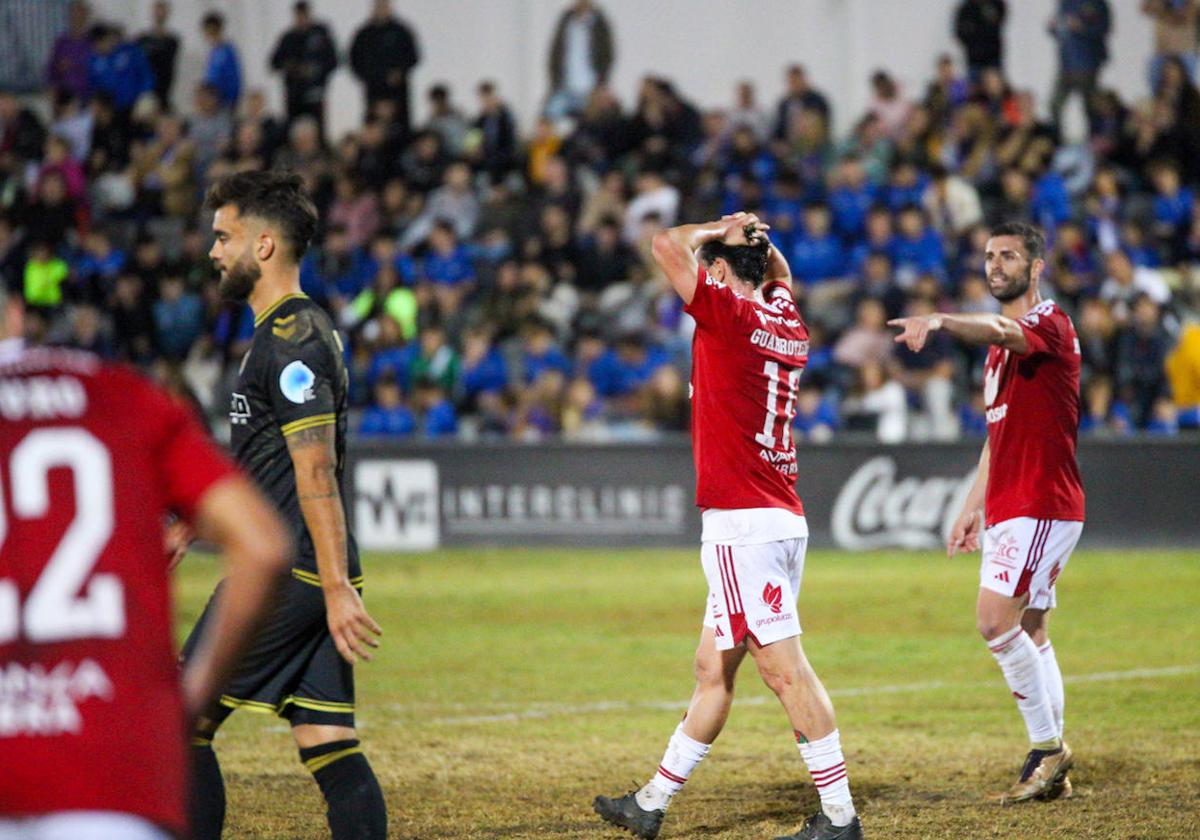 Guarrotxena se lamenta tras una ocasión fallada del Real Murcia.