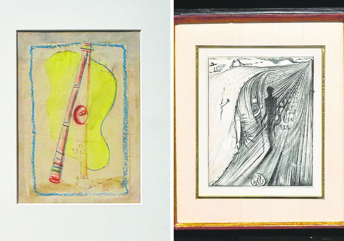 'Guitarra', de Federico García Lorca y 'Dans Le Pullman', de Salvador Dalí, dos dibujos que se muestran en la exposición del Palacio Almudí.