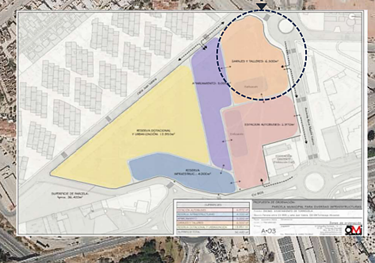 Ubicación de las futuras cocheras sobre los planos de la parcela municipal donde se prevé edificar también la nueva estación intermodal, junto a la salida de la N-332 por el parque de las Naciones.