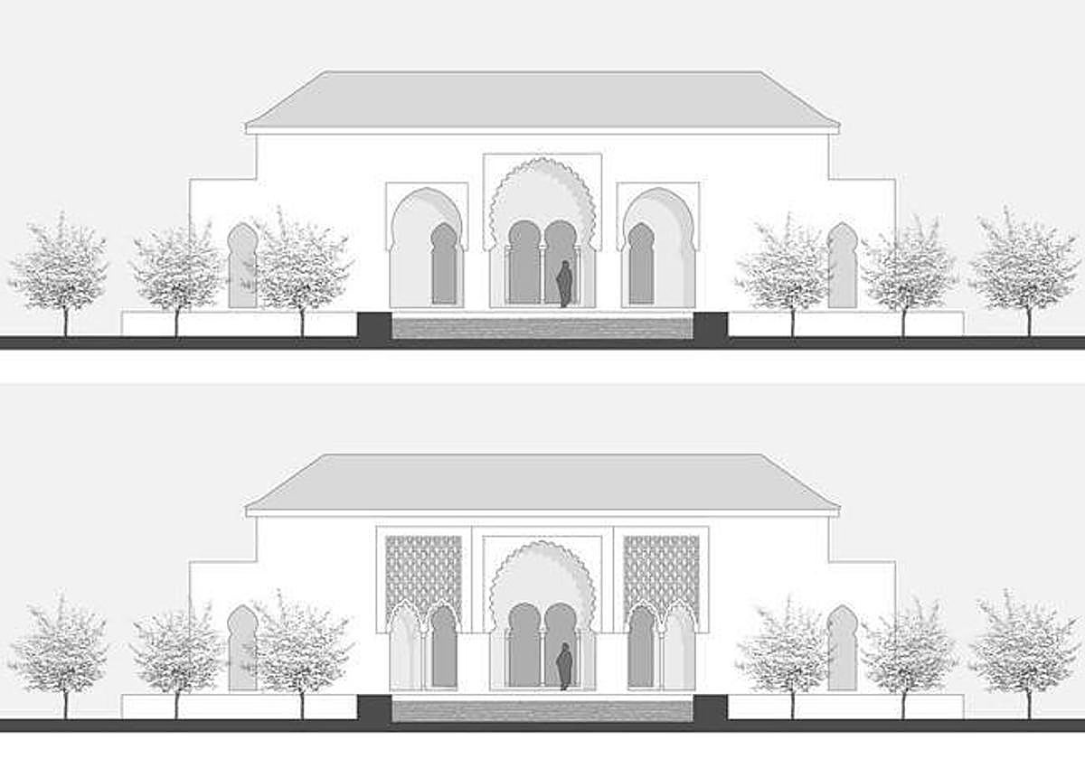 Propuesta de reconstrucción de Arnold y Navarro de dos de las tres fases constructivas del pórtico del pabellón que daba a la alberca más pequeña.