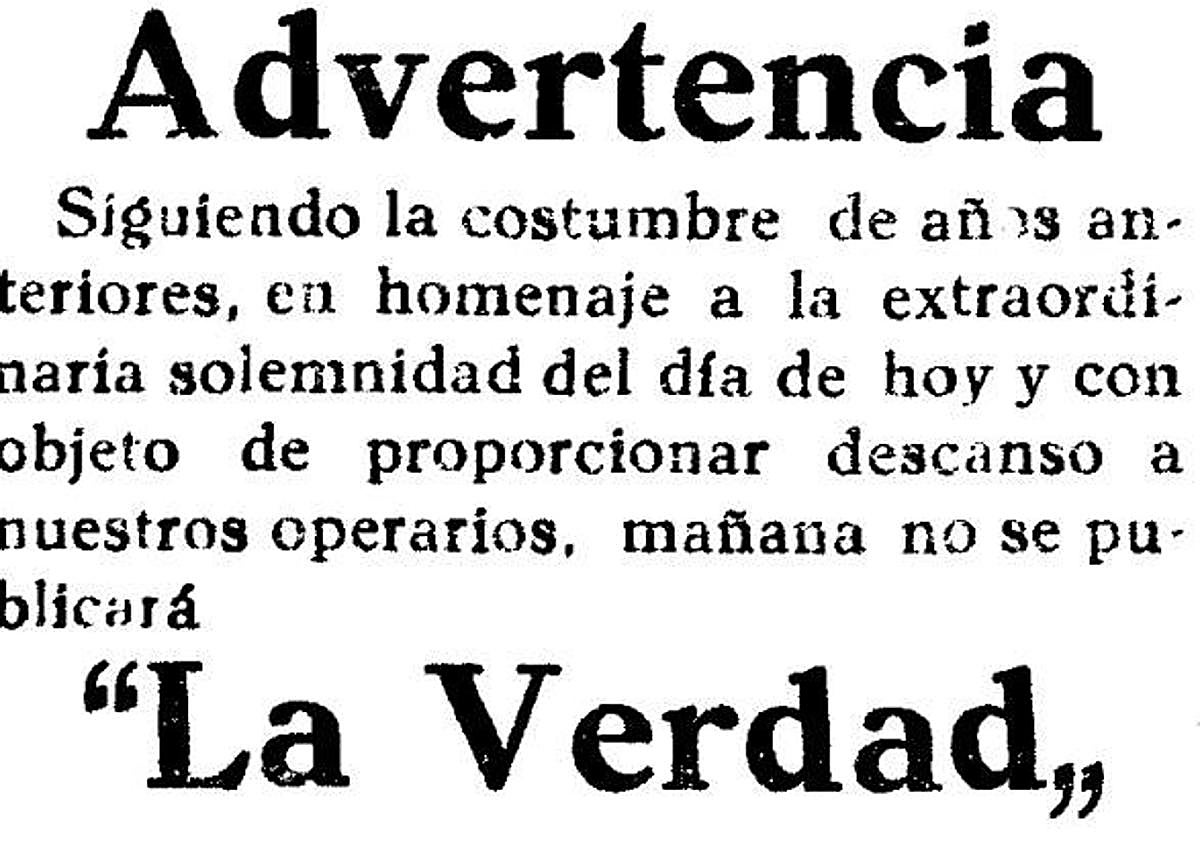 Imagen principal - 1. En 1923, el primer día de Pascua no había nunca periódicos en la ciudad de Murcia; 2. LA VERDAD publicó este anuncio el mismo año para no ser «viejos despreciables»; 3. El mercado de los jueves causaba un gran problema a los tranvías. 