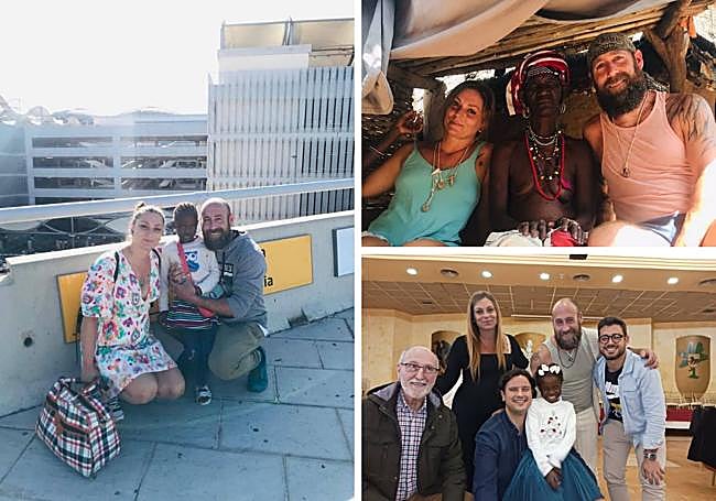 La pareja recoge a Kadilla a su llegada al aeropuerto de Alicante. Arriba a la derecha, Paco y Lola con la madre de Kadilla. Abajo: antes de su regreso a Senegal, Paco, Lola y los médicos Antonio L. Bermejo, Cesár Salcedo y Pablo Vera celebran con Kadilla una fiesta de despedida.