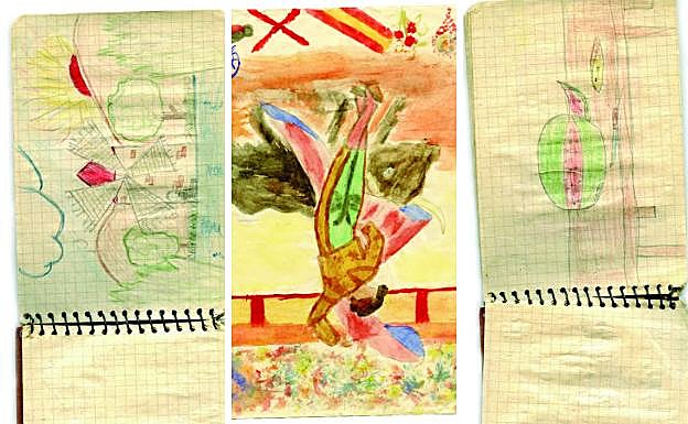 Varios dibujos de infancia de Pedro Cano que habían sido guardados por su hermano Pepe. Originales de 1950.