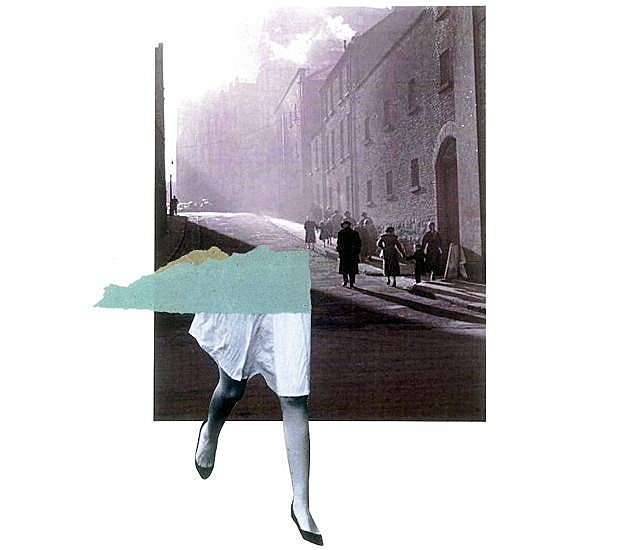'Penélope' (collage analógico). Inspirado en el personaje de Penélope en el 'Ulises' que corre hacia su amado cuando regresa a Ítaca y su paralelismo con Molly Bloom, esposa del protagonista del 'Ulises' de Joyce, Leopold Bloom, en algunas secuencias de la novela. Una metáfora de la fuga, la huida… de su propia hija Lucia, su peregrinaje de psiquiátrico en psiquiátrico.