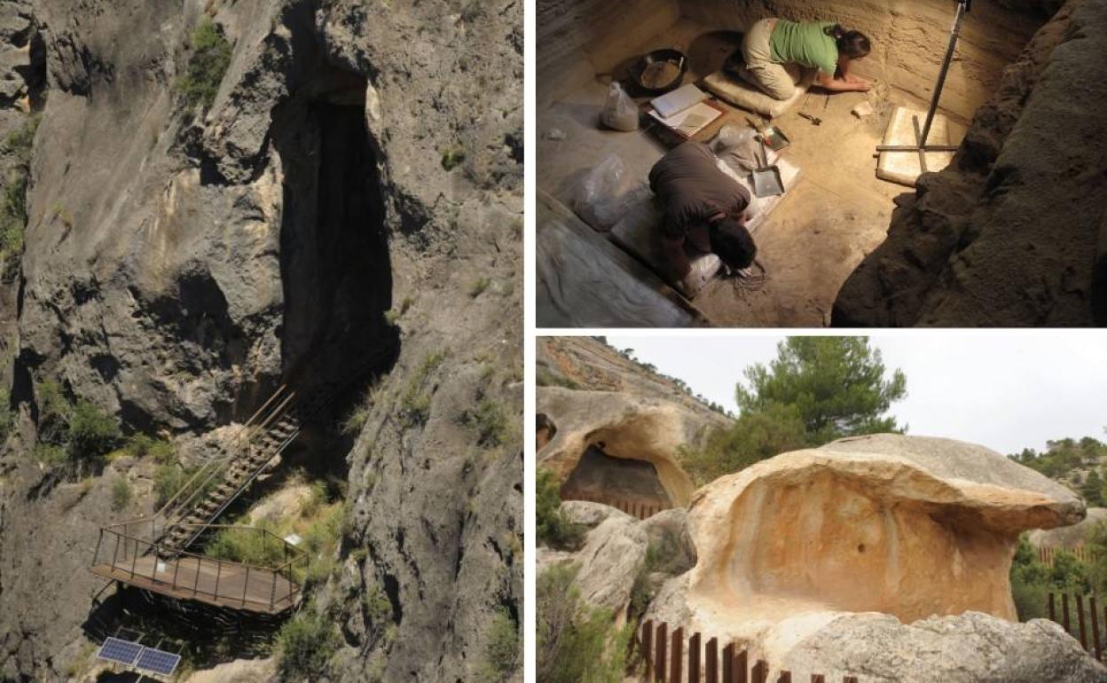 La Cueva de la Serreta (Cieza) vista desde el Cañón de Almadenes; excavación en el yacimiento de los Abrigos del Pozo (Calasparra) y Cantos de la Visera, en el Monte Arabí (Yecla). 
