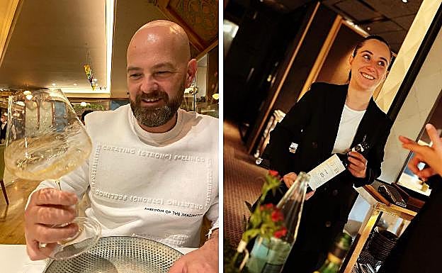 Juan Luis García, de Casa Marcial, analizando un Blanco y Lucía Marcilla, con una botella de Poley Cream de 10 años, en el restaurante Arzak. 