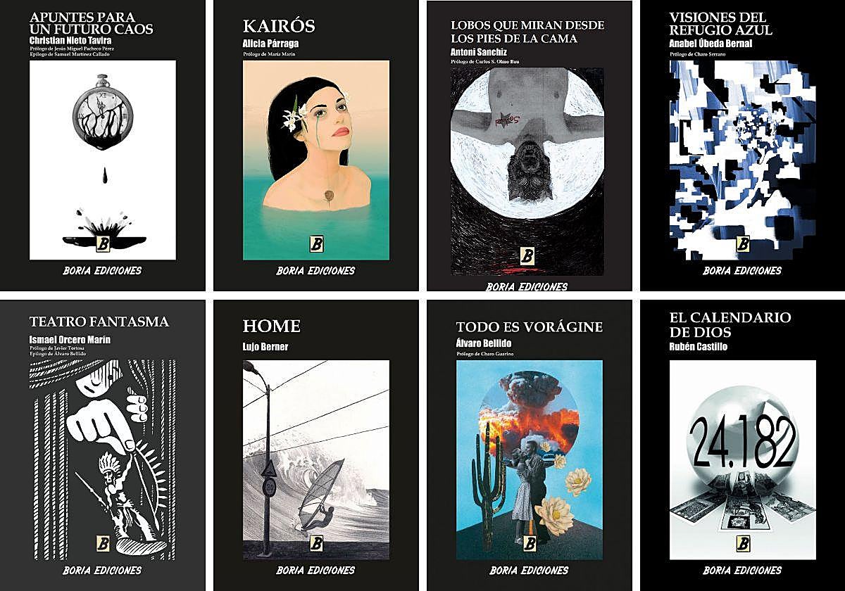 'Apuntes para un futuro caos', de Christian Nieto Tavira. 'Kairós', de María Párraga. 'Lobos que miran desde los pies de la cama', de Antoni Sanchiz. 'Visiones del refugio azul', de Anabel Úbeda. 'Teatro fantasma', de Ismael Orcero Marín. 'Home', de Lujo Berner. 'Todo es vorágine', de Álvaro Bellido. 'El calendario de Dios', de Rubén Castillo Gallego. Luis Sánchez Martín convirtió Boria en una de las editoriales más importantes de la Región de Murcia.