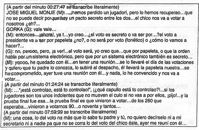 Extracto del sumario de la operación judicial que en 2016 mandó a la cárcel a Ángel María Villar, presidente de la RFEF durante tres décadas, en los que aparecen conversacoines de Monje Carrillo con el hijo de Villar.