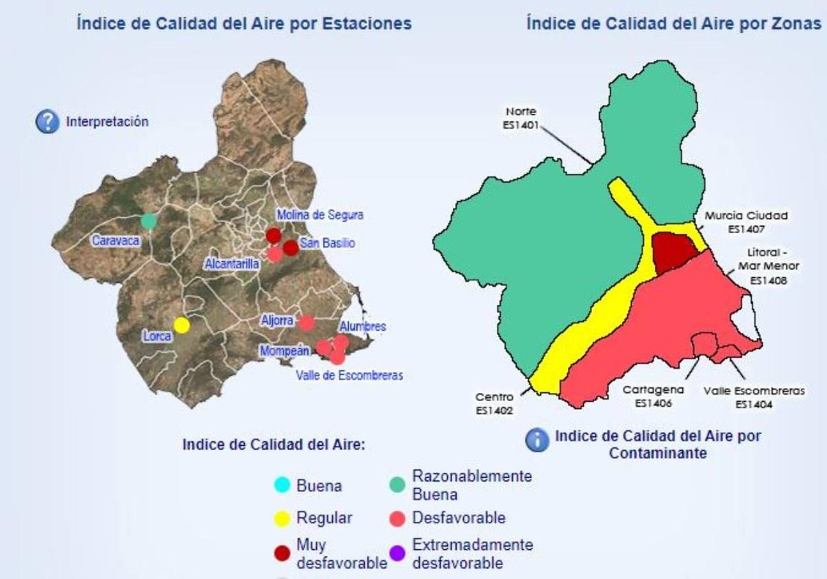 Mapa de la Región de Murcia que marca las zonas con la calidad del aire.