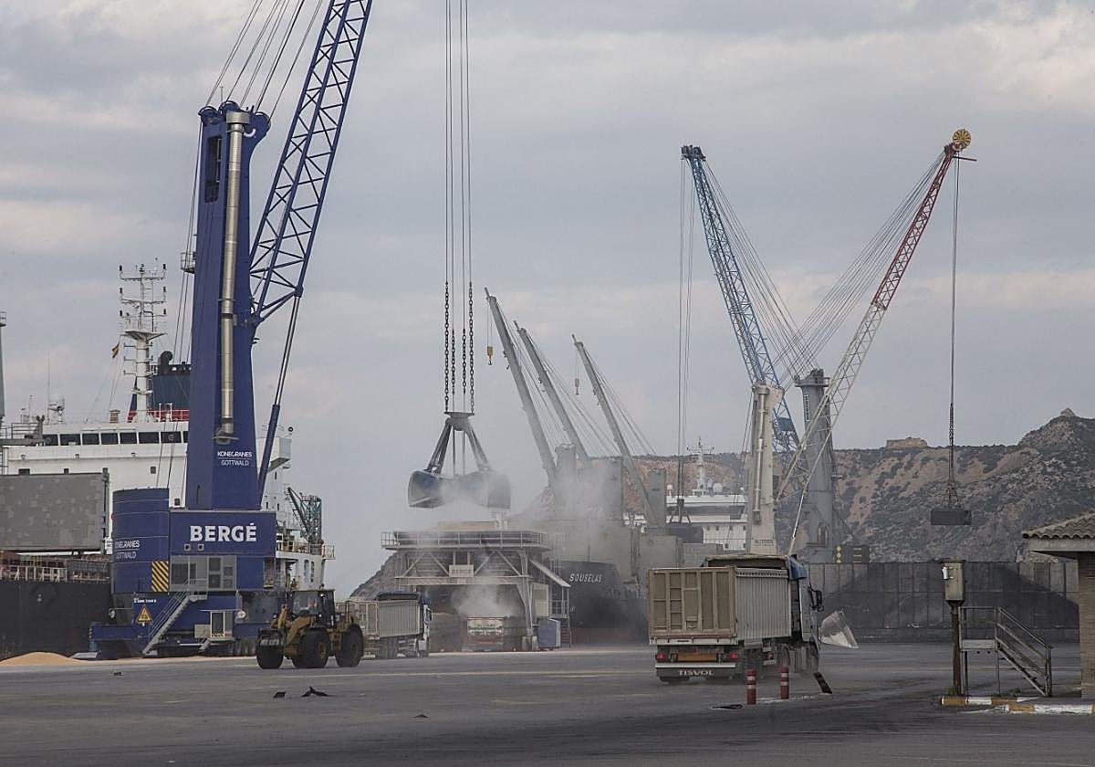 Una grúa echa cereal en una tolva y debajo un camión carga este producto, en Escombreras