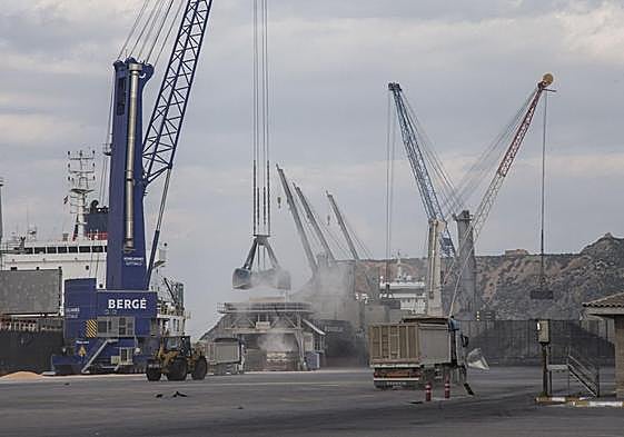 Una grúa echa cereal en una tolva y debajo un camión carga este producto, en Escombreras