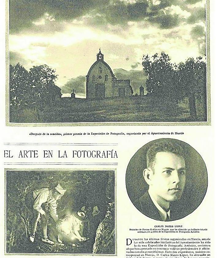 Imagen secundaria 2 - Izquierda: Vista del Jardín de Floridablanca. La fotografía, tomada en los años 20, es un ejemplo de otra faceta fotográfica de los Mateo: la de retratar la ciudad, sus plazas, los detalles de sus edificios por dentro y por fuera, monumentos escultóricos... fotografías que además eran un tema indispensable en las colecciones de postales. Derecha: La Esfera, 9 de julio de 1927. La publicación La Esfera le dedica a Carlos Mateo una página tras ganar varios de los premios de la Exposición de Fotografía Artística organizada por el Ayuntamiento de Murcia.