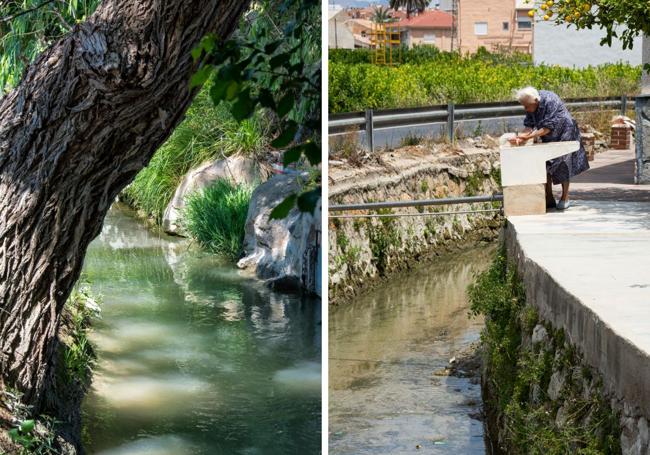 Acequia Santa Cruz, Llano de Brujas, 2016. Una mujer lava junto a la acequia, en Aljucer.