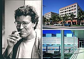 Enrique Carbonell, «arquitecto de cuerpo entero». Así lo recuerda Rafael Moneo, Premio Pritzker de Arquitectura, con quien trabajó en el edificio Moneo de Murcia. A la derecha, fachada de dos de los bloques de viviendas para la cooperativa Myrtia, en Juan de Borbón, y vista de la zona industrial, con el patio delante, desde el interior del edificio de la Imprenta Regional.