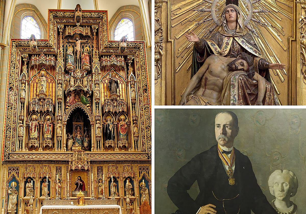 Principal templo de la Diócesis de Cartagena. Retablo del altar mayor de la catedral de Murcia, cuya imaginería realizó Palao entre los años 1867 y 1868. Nuestra Señora de la Piedad (1871) en su retablo de la Real Capilla de Santa Isabel de Portugal (vulgo San Cayetano) de Zaragoza. Retrato de Antonio Palao Marco, pintado por su hijo Luis en 1885.