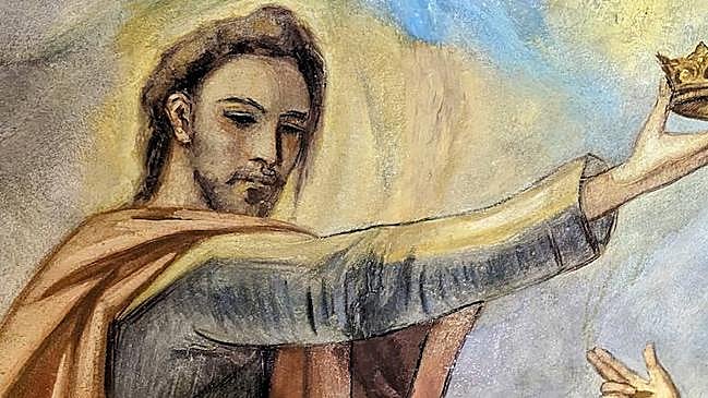 Imagen después - Grieta en la coronación de la Virgen. | El mismo mural ya restaurado.