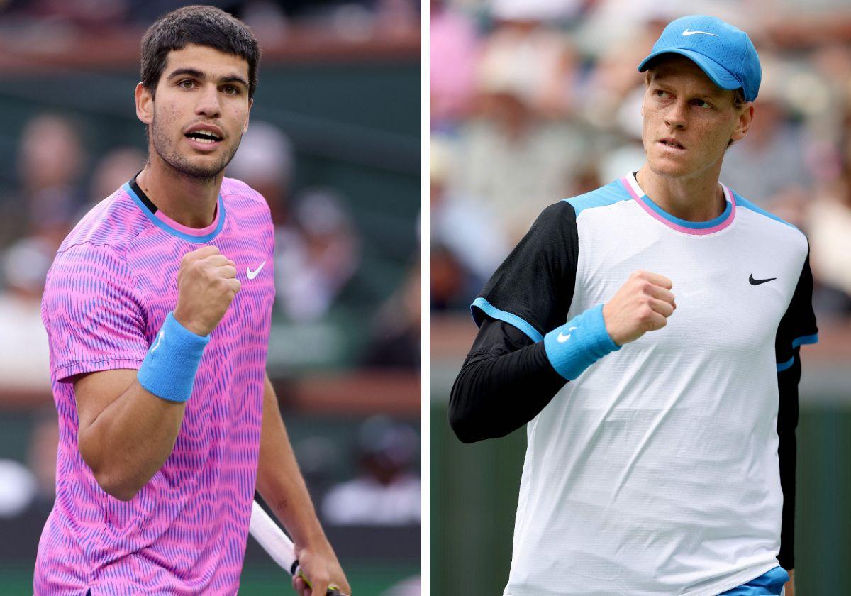 Carlos Alcaraz y Jannik Sinner, en sus partidos de semifinales en Indian Wells.