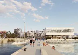 Imagen de la propuesta de uno de los paseos de acceso al edificio de ocio, con la piscina a la derecha.