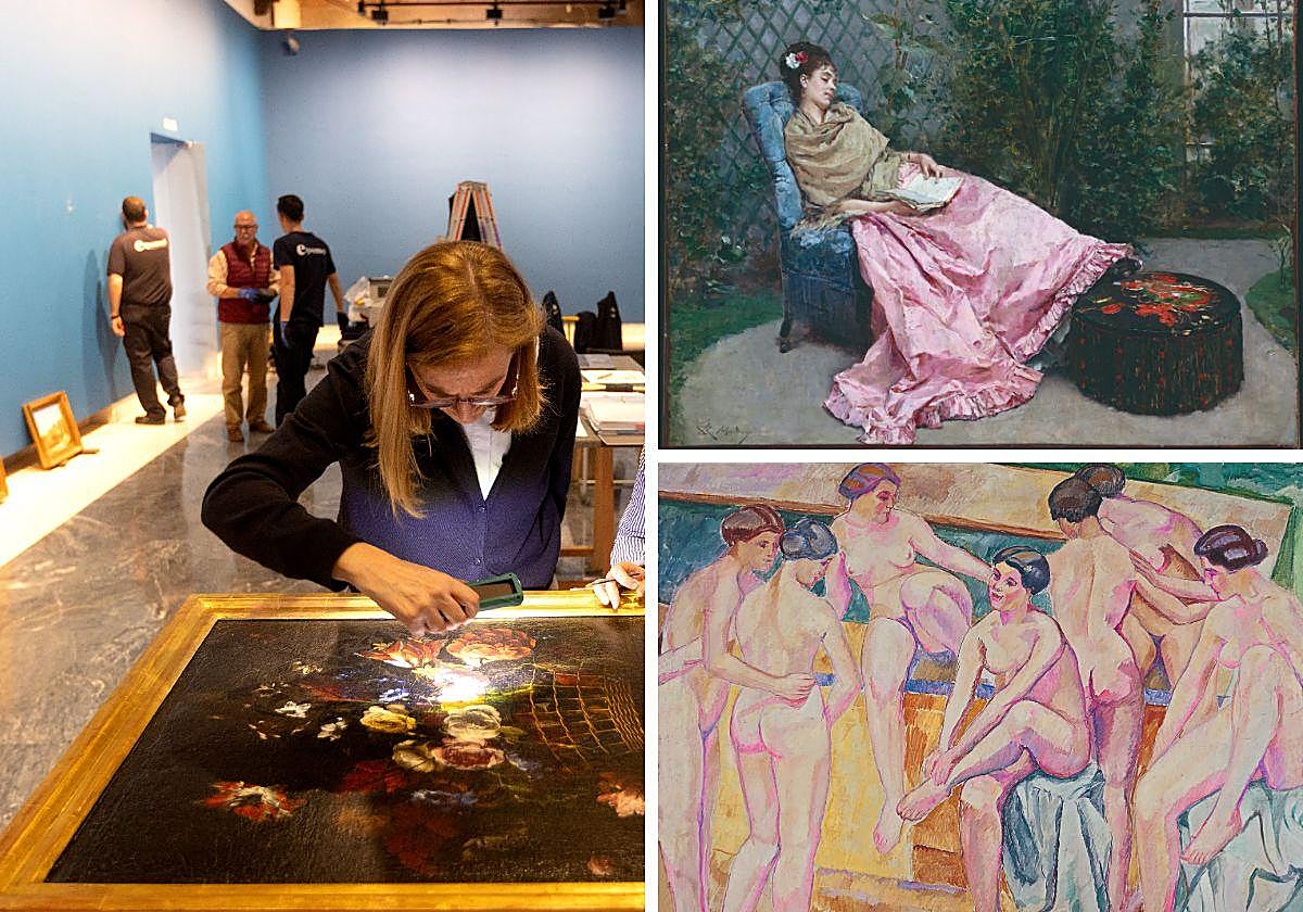 Expertas examinan una obra durante el montaje de la exposición 'Azul. Colección Abelló', que podrá disfrutarse en el Centro Cultural Las Claras de la Fundación Cajamurcia. | 'La siesta', obra de Raimundo de Madrazo y Garreta pintada hacia 1875. . 'Bañistas', obra de 1910 de Francisco Iturrino.