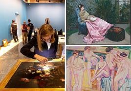 Expertas examinan una obra durante el montaje de la exposición 'Azul. Colección Abelló', que podrá disfrutarse en el Centro Cultural Las Claras de la Fundación Cajamurcia. | 'La siesta', obra de Raimundo de Madrazo y Garreta pintada hacia 1875. . 'Bañistas', obra de 1910 de Francisco Iturrino.