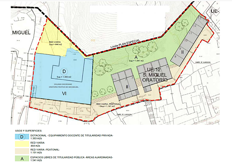 Ordenamiento previo a la reconstrucción del colegio, con las infraviviendas derribadas (en gris) junto al colegio (en azul)