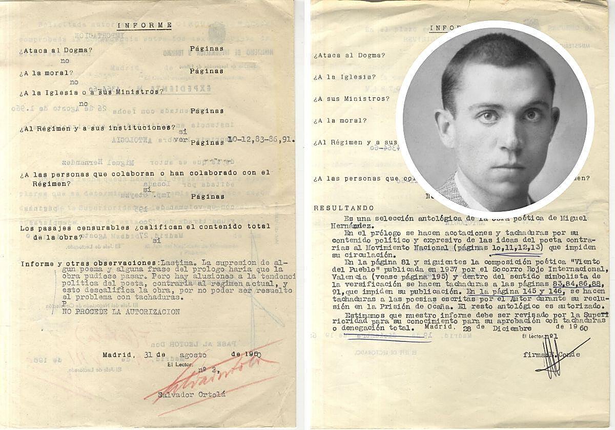 Dos informes del año 1960 de los censores encargados de analizar diferentes obras de Miguel Hernández y autorizar o no su publicación. archivo general de la Administración