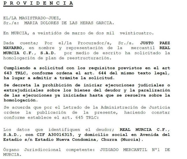 Extracto de la providencia recibida por el Real Murcia el pasado 22 de marzo.