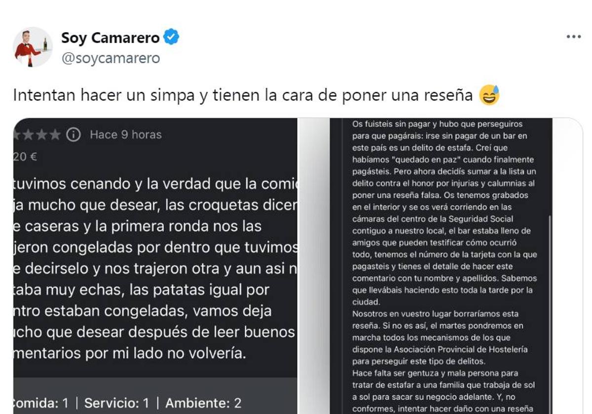 La respuesta viral del propietario de un restaurante a la reseña negativa de un cliente: «Os fuisteis sin pagar».