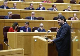 El presidente de Murcia, Fernando López Miras, en su intervención este lunes en el Senado.