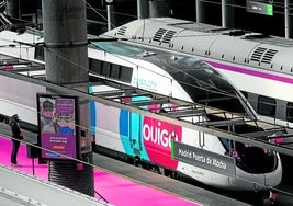 Un tren de la operadora francesa Ouigo al lado de un AVE de Renfe en la estación de Madrid-Atocha.