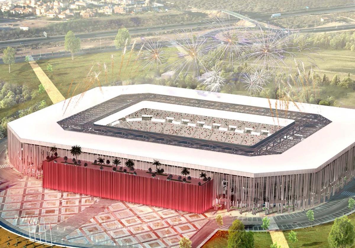 Recreación virtual de cómo quedaría el Enrique Roca con el nuevo edificio anexo, la nueva estructura perimetral y la futura cubierta del estadio.