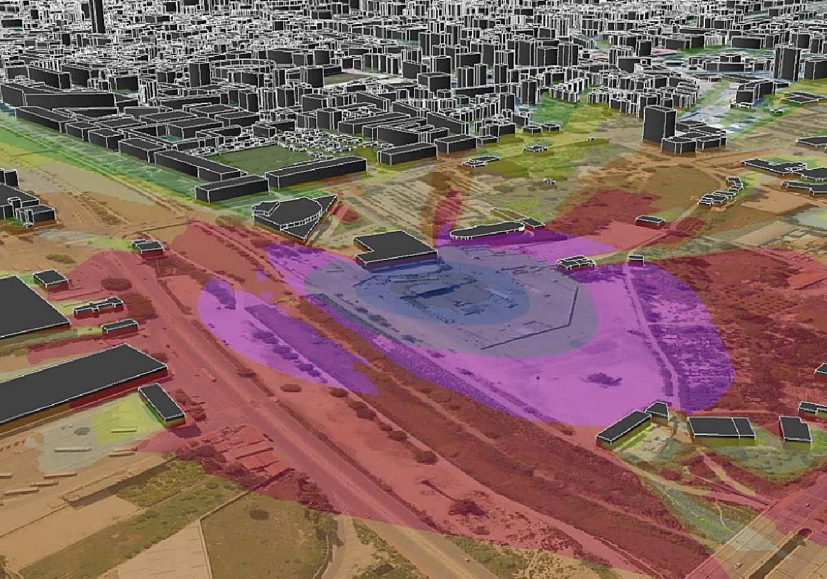 Mapa de impacto acústico de un concierto en La Fica, en Murcia, elaborado por Acre Ambiental.