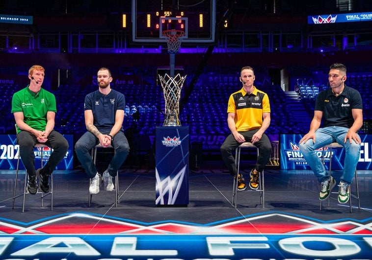 De izquierda a derecha, Alberto Díaz (Unicaja), Nemanja Radovic (UCAM), Marcelinho Huertas (Tenerife) y Leónidas Kaselakisoto (Peristeri), en la presentación de la 'Final Four', este jueves.