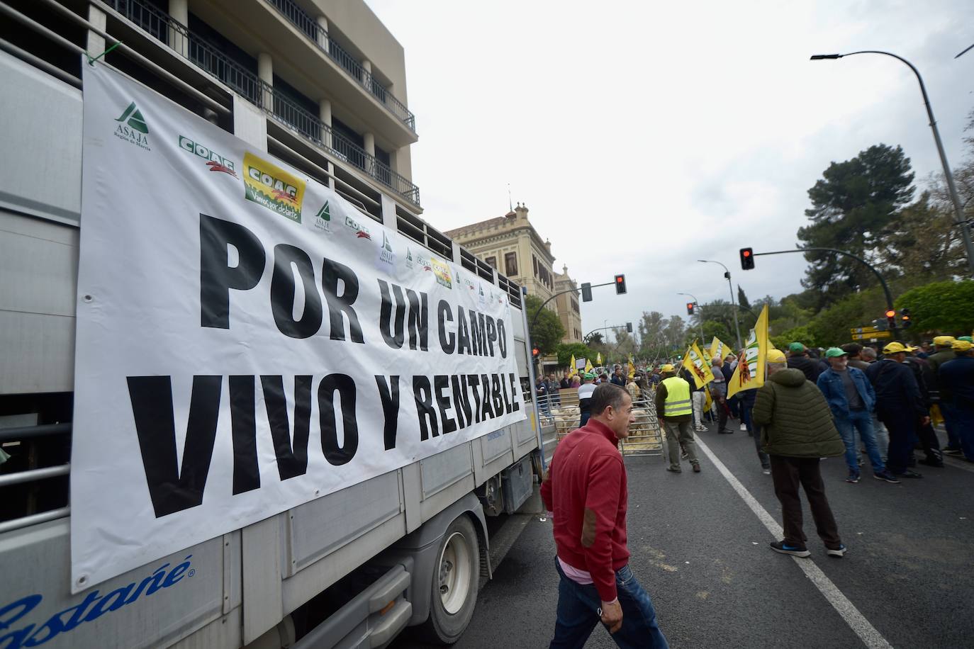 La protesta de agricultores y ganaderos de las zonas de secano ante la Delegación del Gobierno, en imágenes