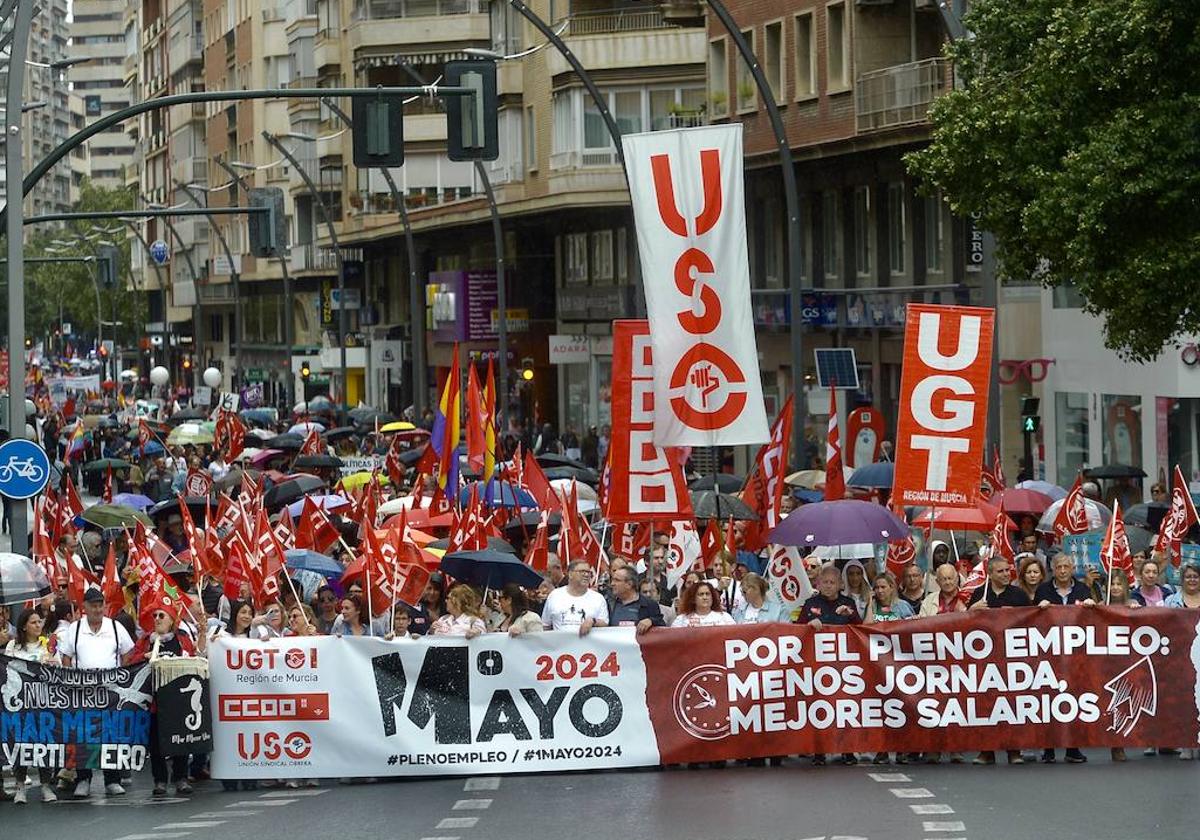 Manifestación por el Día Internacional de los Trabajadores, este miércoles, en Murcia.