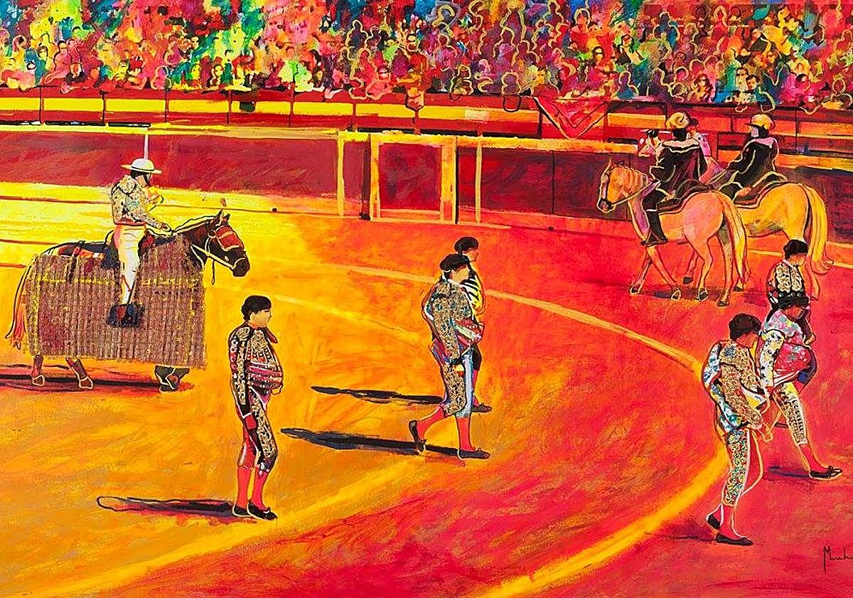 Imagen principal - Manuel Herrera y Francisca Muñoz, de rojo, los Muher, en la inauguración de 'Flores y feria' en el Centro Cultural Casa de Vacas. 