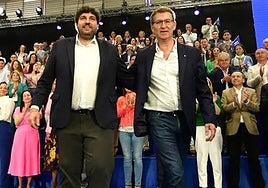 Fernando López Miras y Alberto Núñez Feijóo, en un acto de la pasada campaña electoral para las autonómicas y municipales.