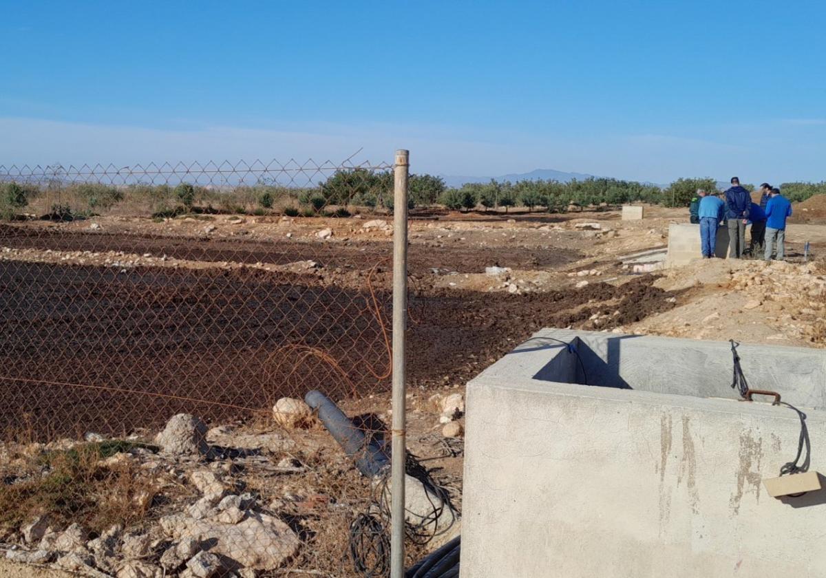 Técnicos de la Confederación y agentes de la Guardia Civil, en una granja porcina del Campo de Cartagena.